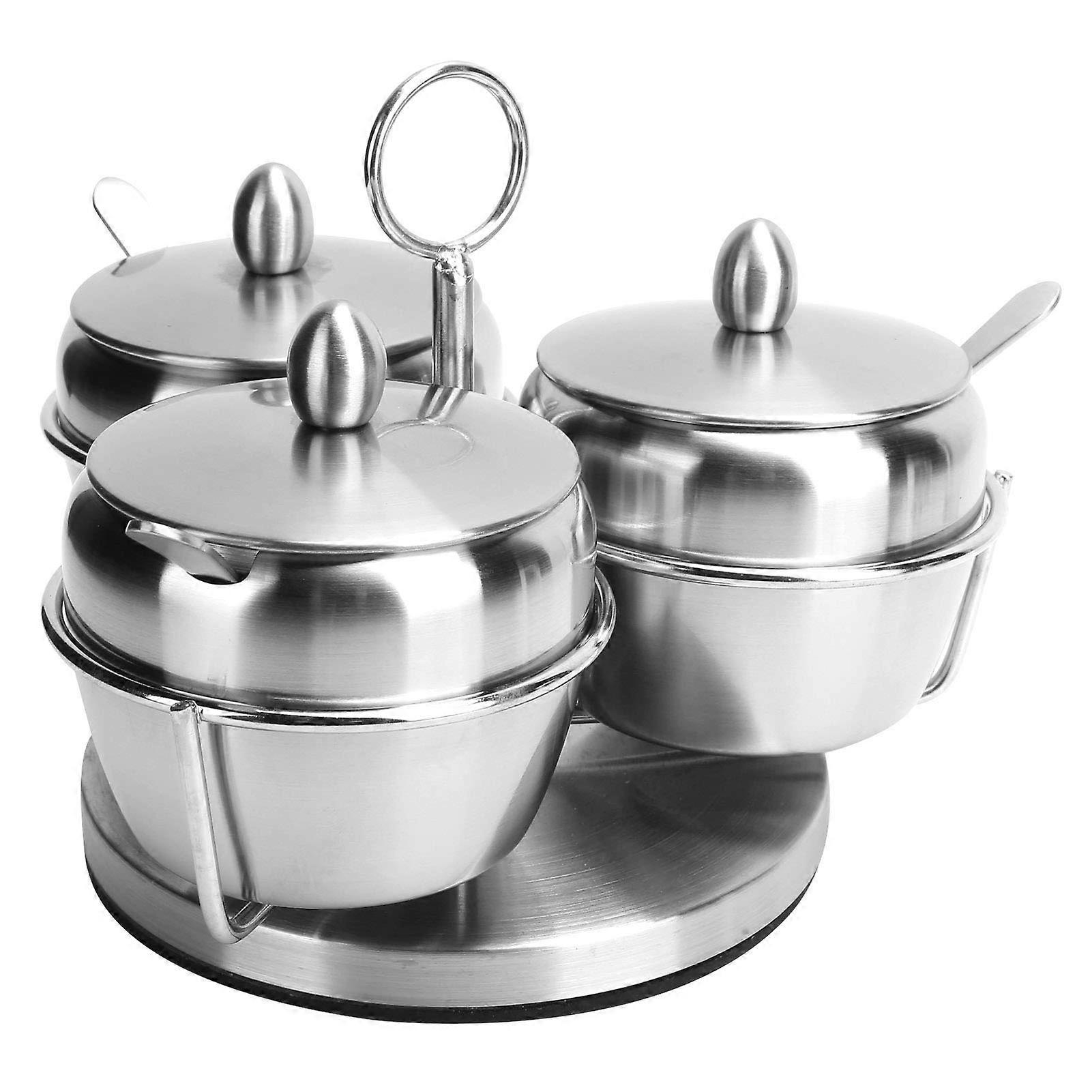 Spice Rack Set with Stainless Steel Containers, 360° Rotating Lid, Spoons, Dustproof Storage