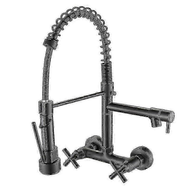 كروم / أسود المطبخ صنبور مزدوج مقابض الماء الساخن البارد خلاط المطبخ الحنفية الحائط المزدوج قطب صنبور الربيع سحب الحنفيات