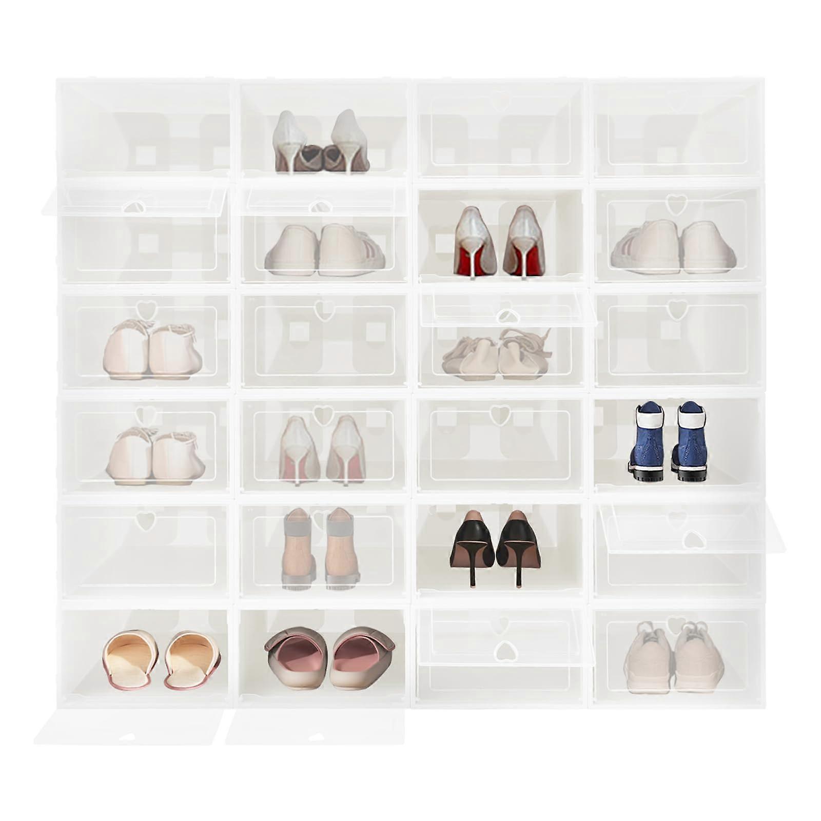 24Pcs Stackable Clear Shoe Storage Boxes with Front Door Dustproof Organizer for Sneakers and Heels White