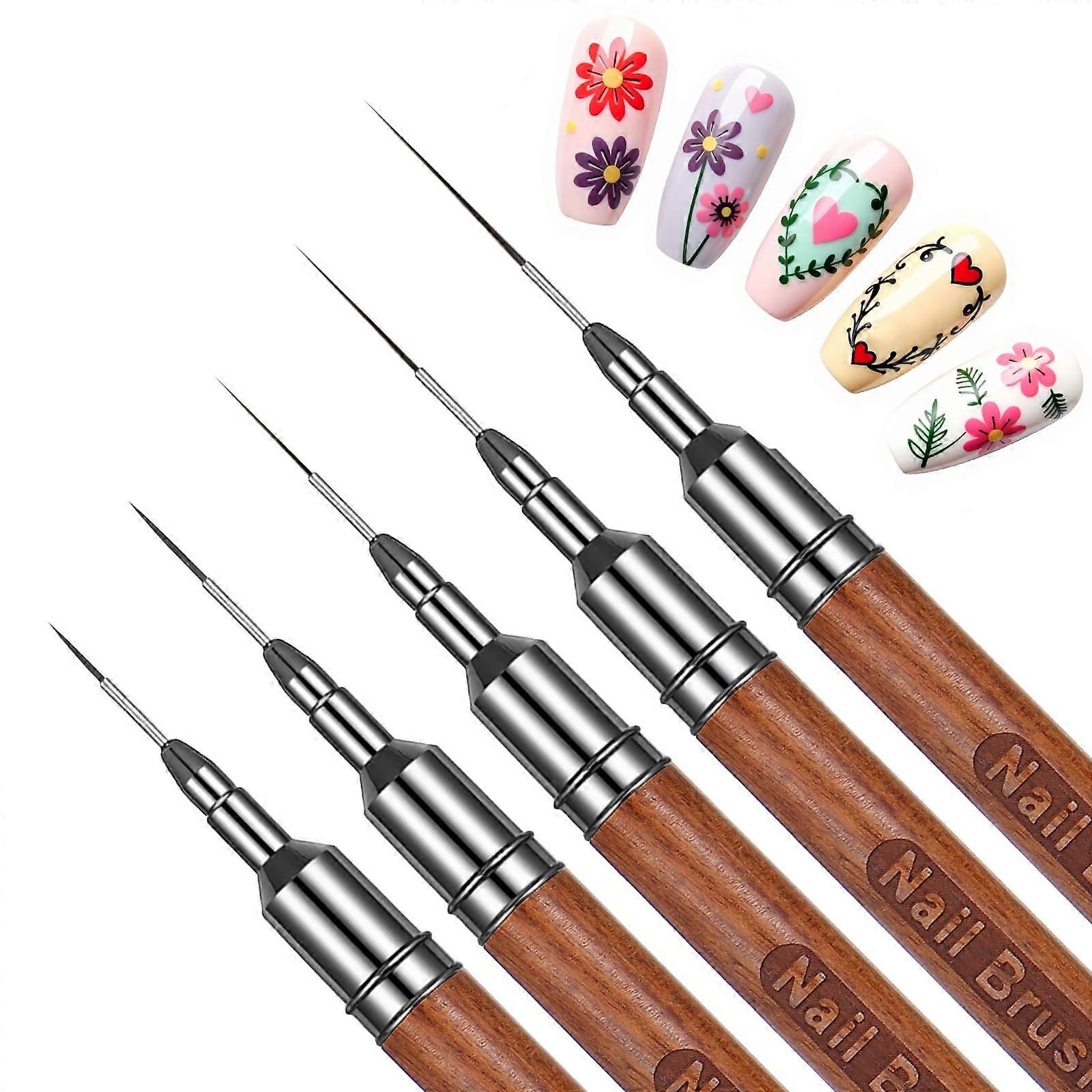 5Pcs Professional Nail Art Brushes Set with Fine Detail Liner Tools, Wooden Handle, 618mm Sizes