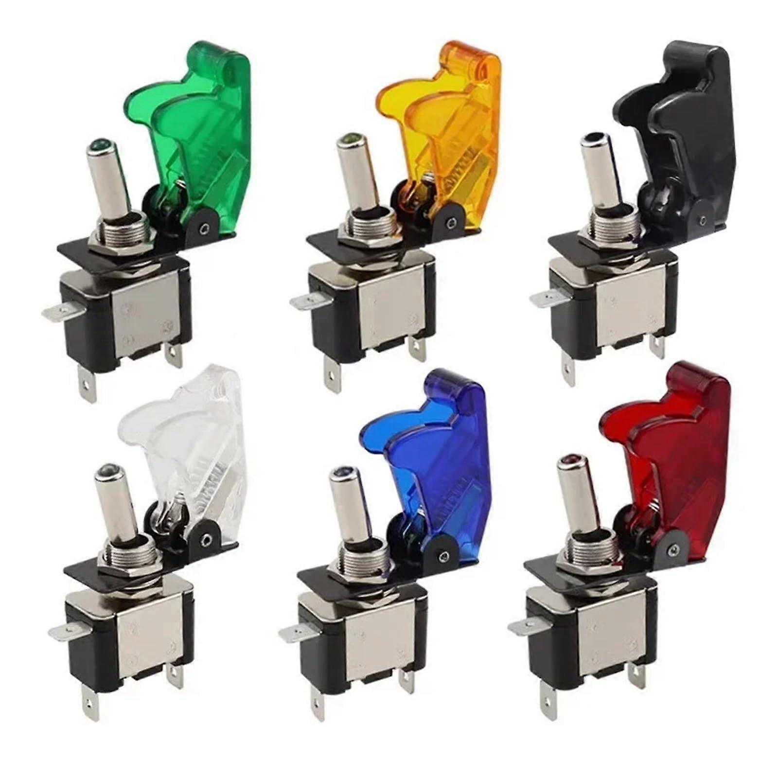 12V 20A LED Toggle Switch for Auto Car Boat Truck with Aircraft Flip Up Cover Guard, 3 Pin ON Off, Black Lid, 5 Sets Red Green