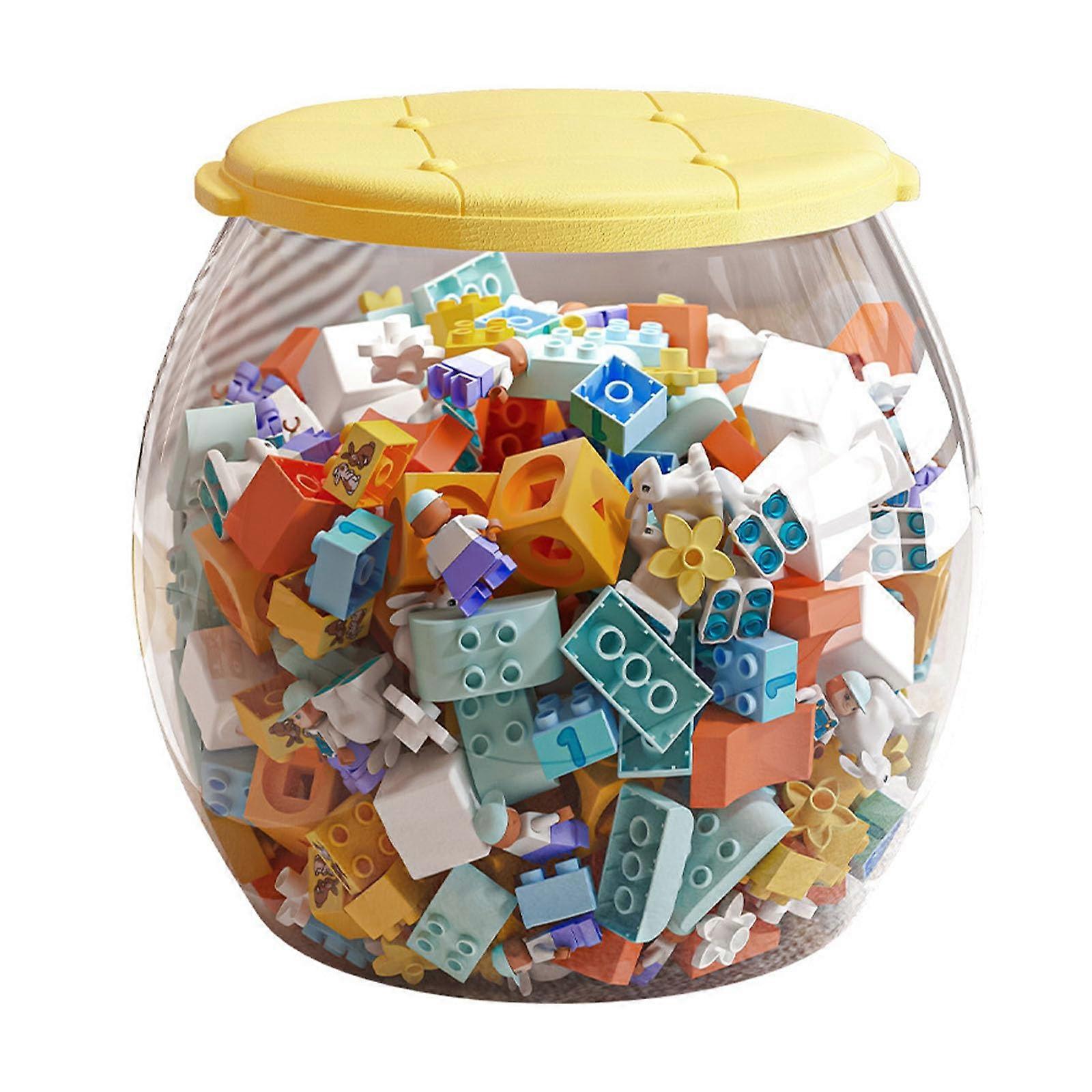 Transparent Toy Storage Box with Lid, Round Yellow 2 in 1 Storage Stool for Playroom and Bedroom