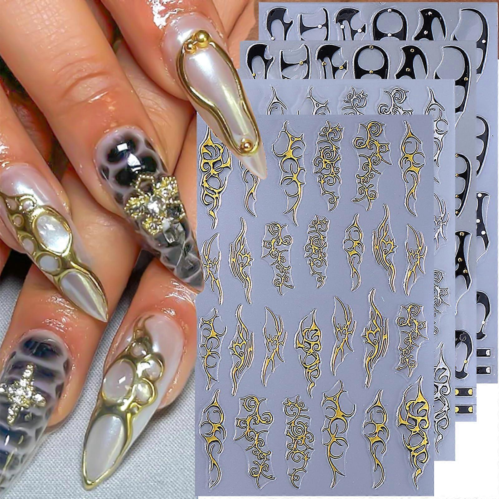 8 Sheets Gothic Nail Stickers 5D Embossed Black Gold Silver Punk Chrome Decals SelfAdhesive Set