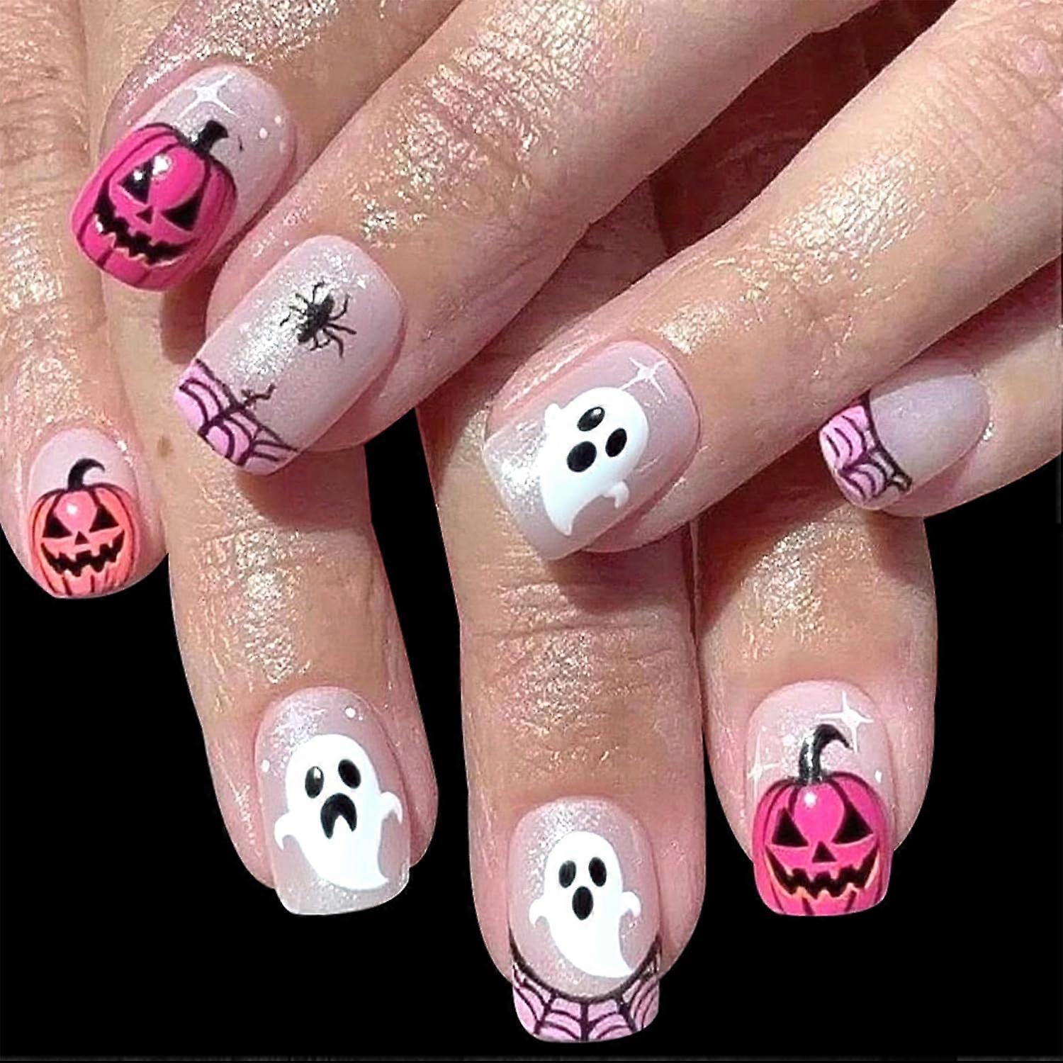 Halloween Press On Nails Short Square Ghost Pumpkin Spider Web Design Reusable Acrylic False Nails