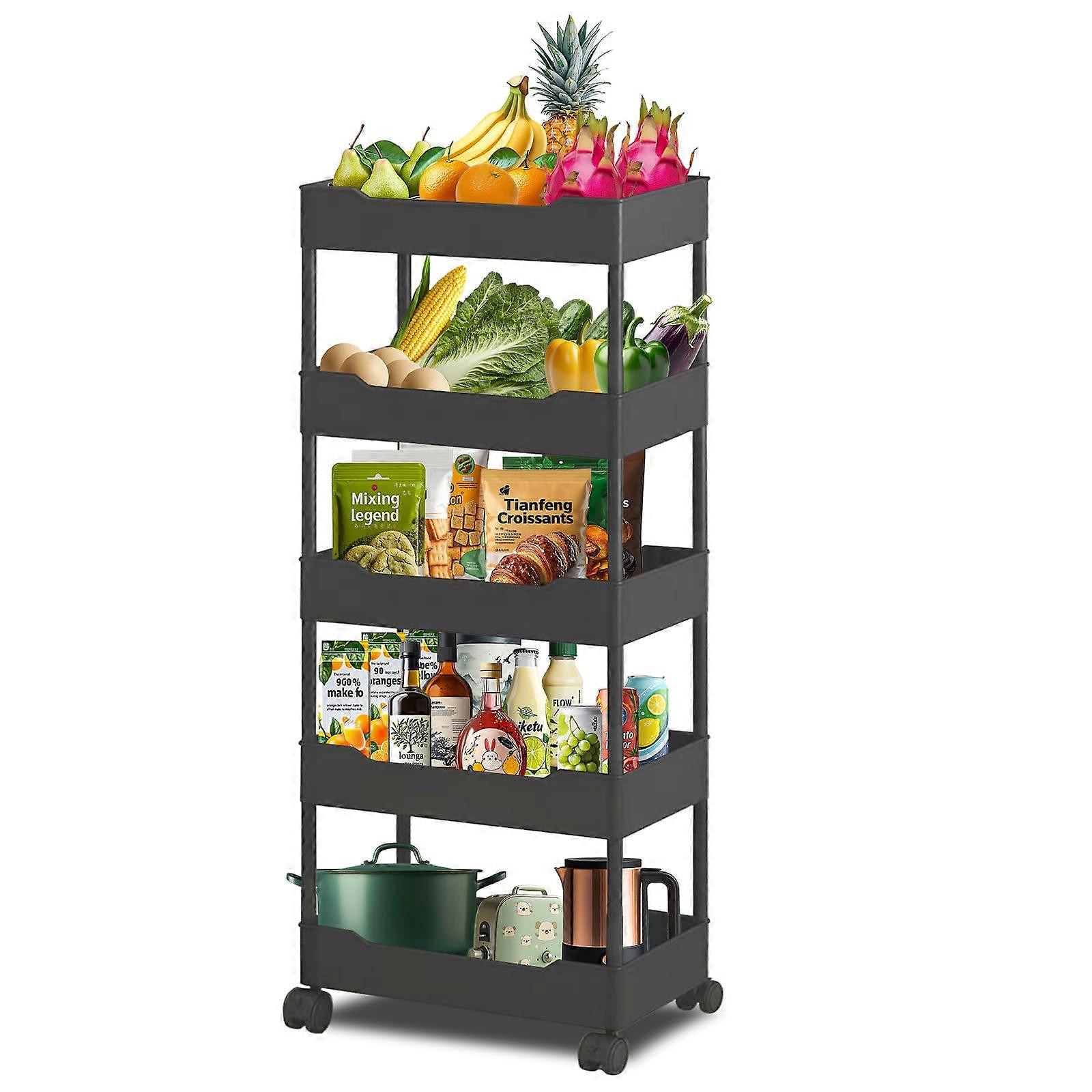 5 Tier Slim Rolling Storage Cart with Wheels, Space Saving Bathroom and Kitchen Organizer