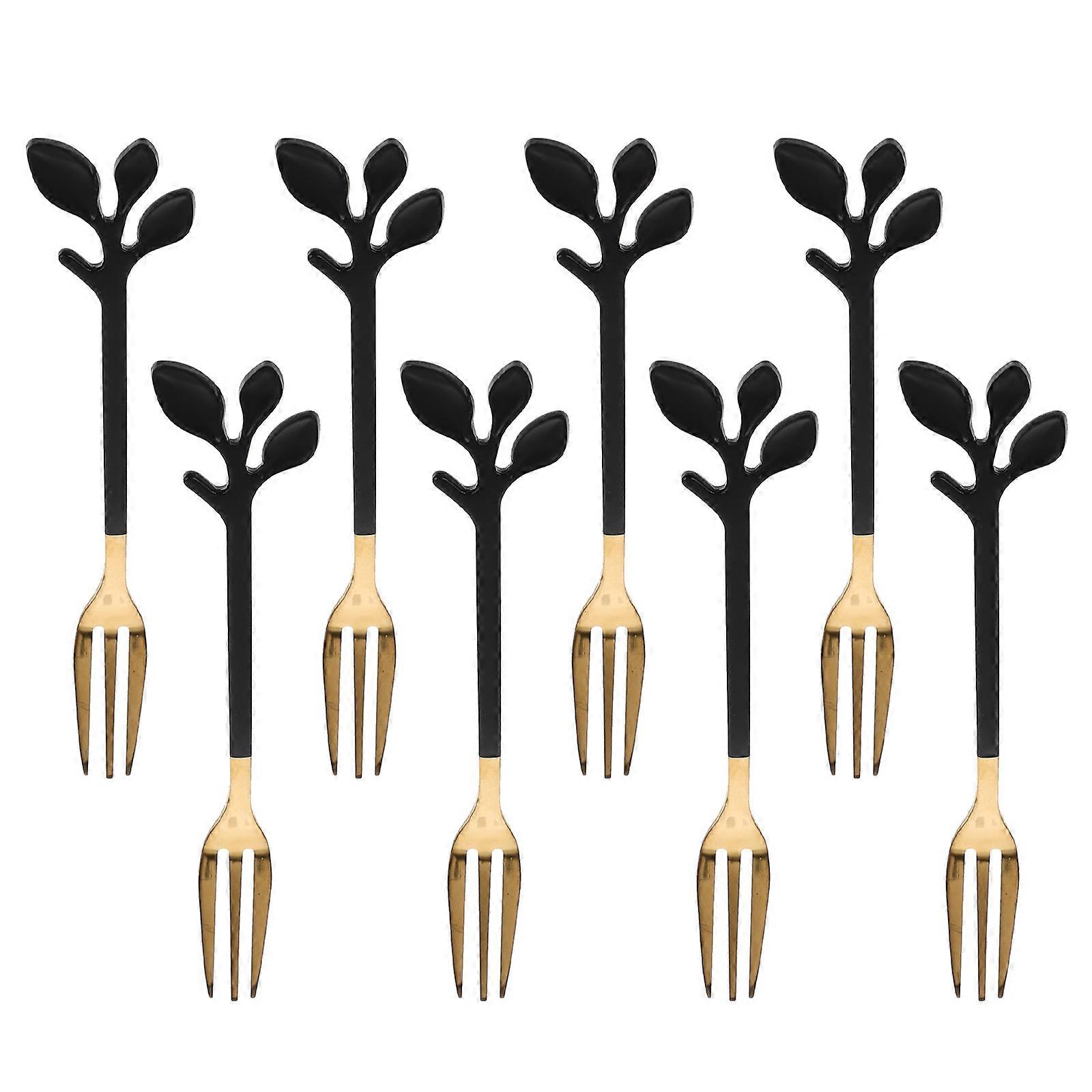 Black Gold Leaf Fork Metal Fruit Forks for Dessert 8Pcs Multi-Function Use