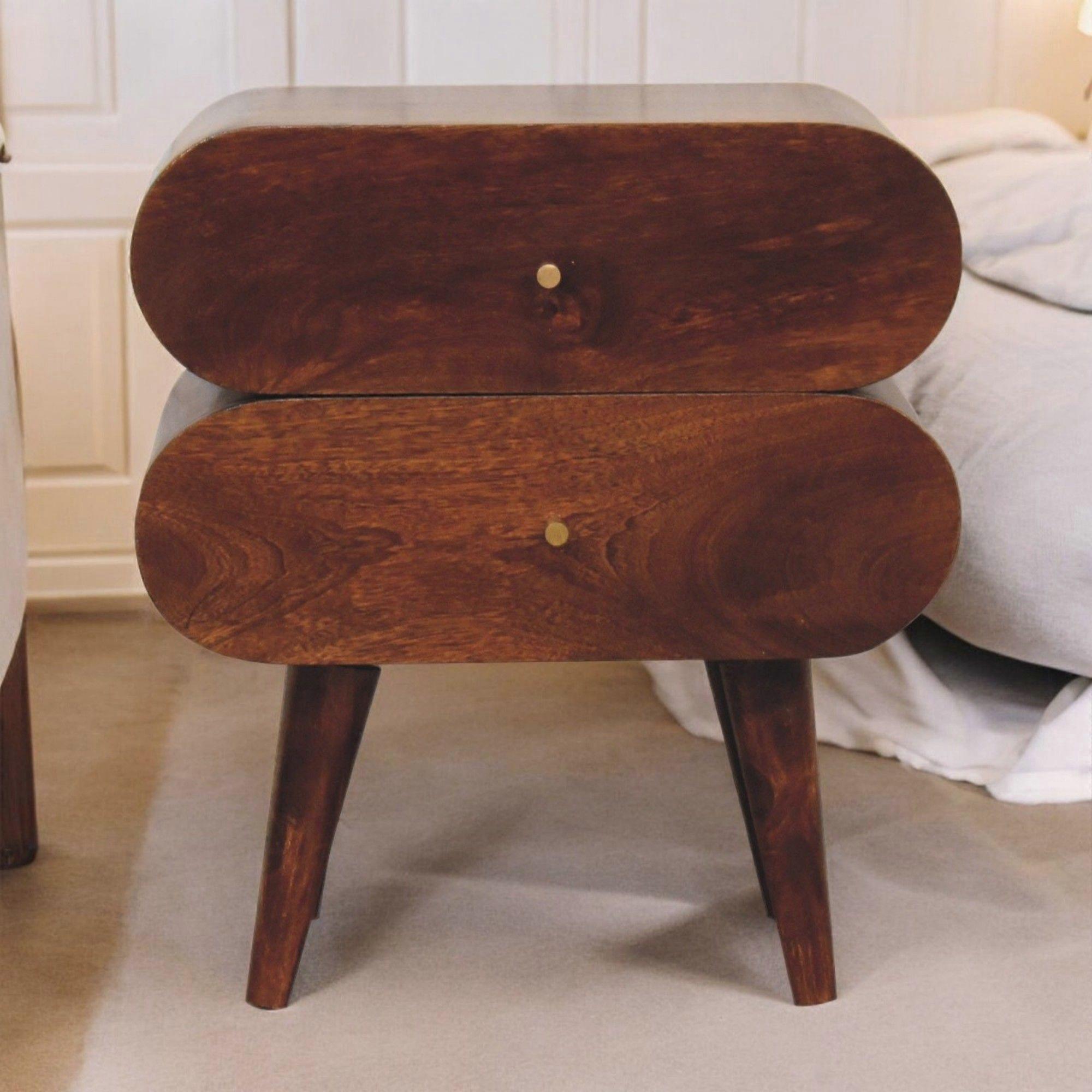 Solid Wood Bubble Chestnut Bedside, 2 Drawers, Dark Brown