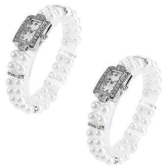 Casual Quartz Watch for Women Pearl Bracelet Style 2Pcs Set White