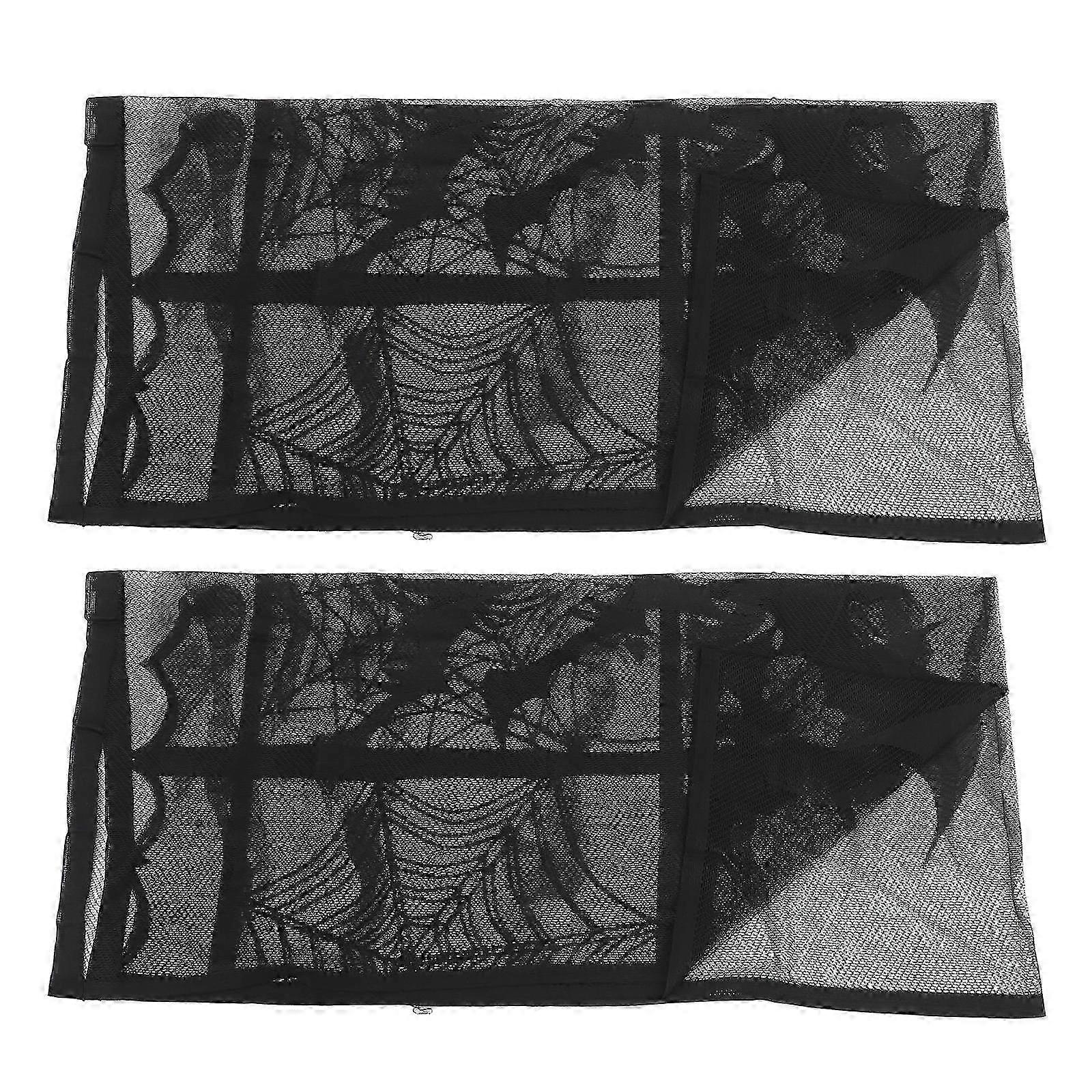 Halloween Black Lace Curtains 2 Set Spooky Rectangular Polyester Decor