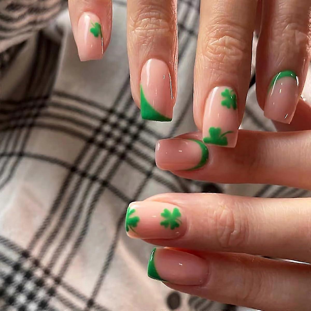 24Pcs Green Shamrock Press On Nails