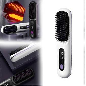 Hair Straightener Brush with Negative Ions, Cordless 2 in 1 Styling, Fast Heating, 3 Heat Settings, White