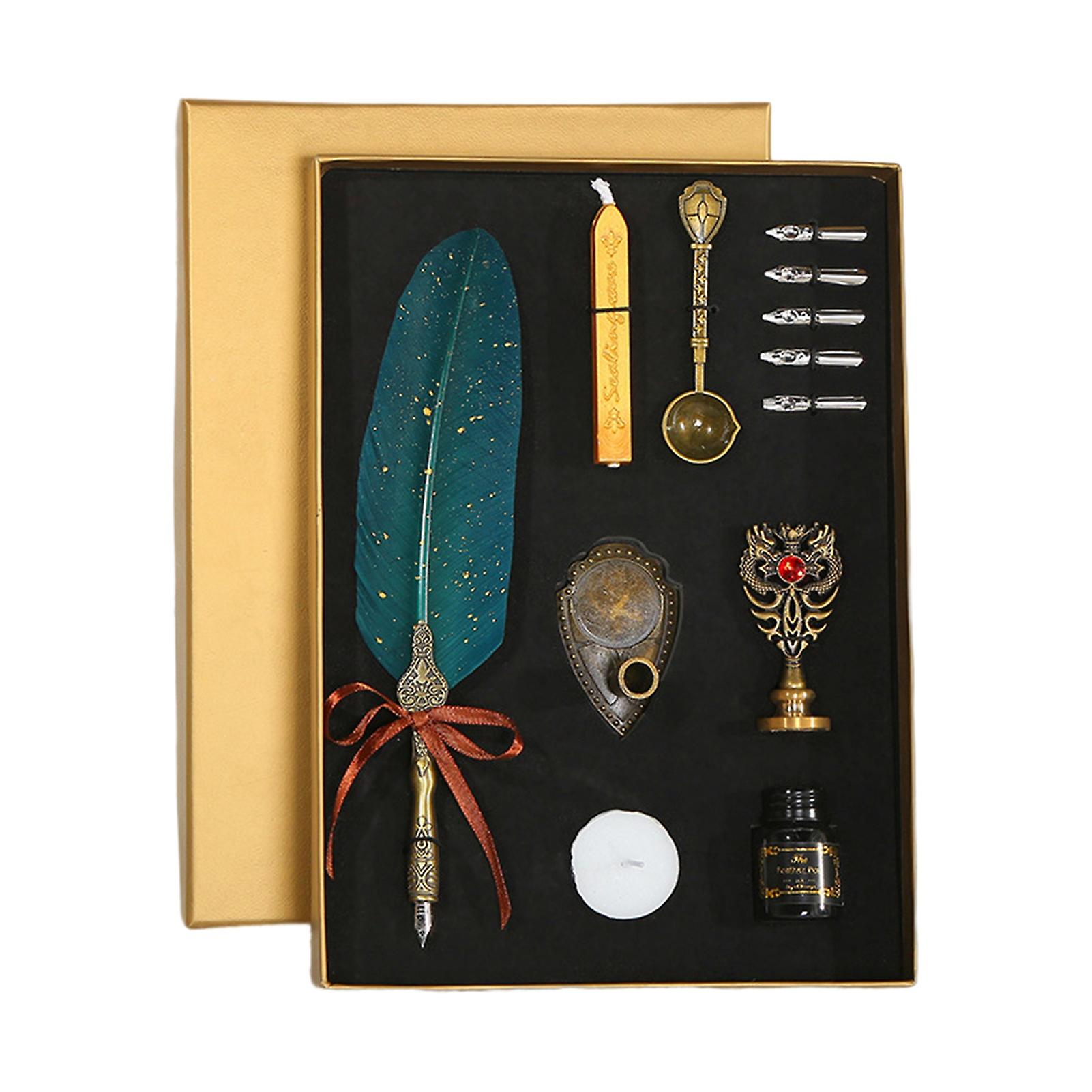 Mengxi 1 Set Retro Quill Pen Set With Lacquer Stick Handcrafted Vintage Glitter Design Feather Pen Kit For Students