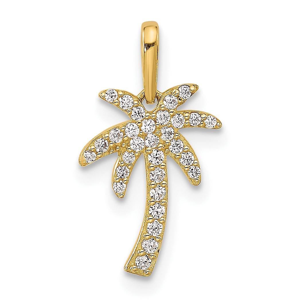 9.7mm 14k Solid Yellow Gold Polished Cubic Zirconia Palm Tree Pendant Necklace-Pendant for Women
