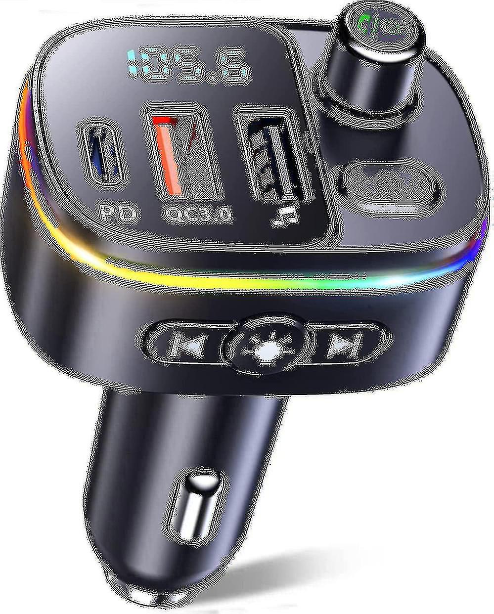 FM-Transmitter für Auto, Bluetooth 5.0, QC3.0 und PD 18 W USB-C-Autoladegerät, 9 RGB-Bluetooth-Empfänger mit Hintergrundbeleuchtung, Bluetooth-Autoadapter unterstützt Freisprecheinrichtung