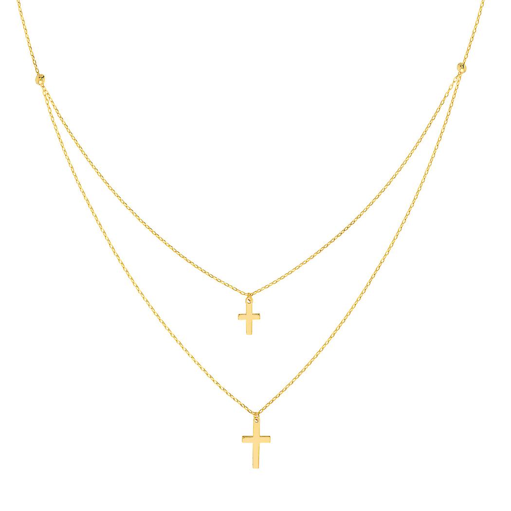 Colar ajustável de 45 cm (18 polegadas) em ouro amarelo 14k com pingente duplo de cruz religiosa.