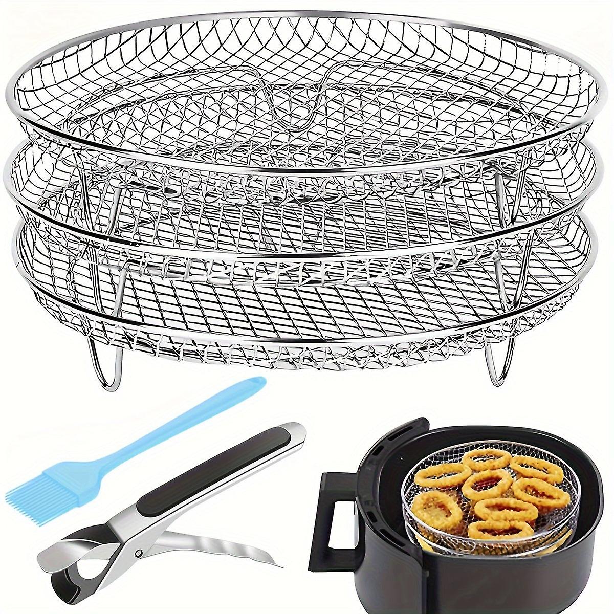1 Set Air Fryer Rack With Anti-scalding Clip Stainless Steel Removable Air Fryer Stacking Rack Round Air Fryer
