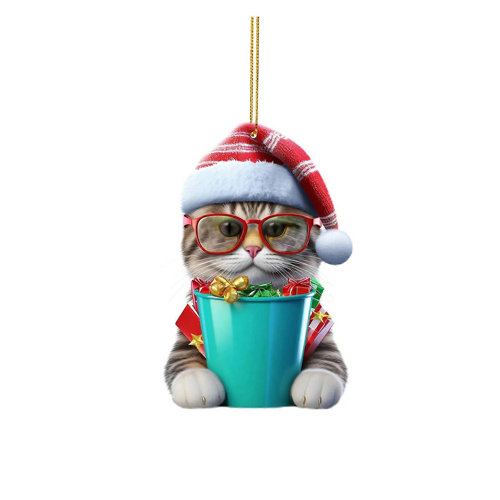Christmas Tree Ornament Christmas Cat Figure with Santa Hat Pendant 2D Flat Acrylic Hanging Decoration for Car Rearview Mirror Tree