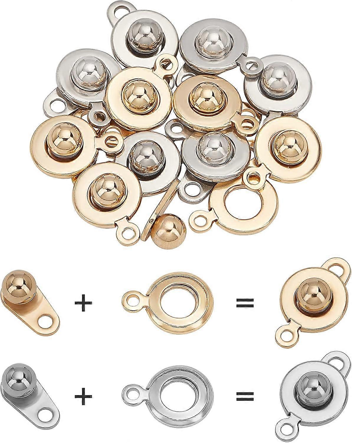 12pcs 2 Colors Snap Clasps 304 Stainless Steel Snap Button Clasps Flat Round Snap Clasps Fastener Clasp for Necklace Bracelet DIY Golden & Stainless S