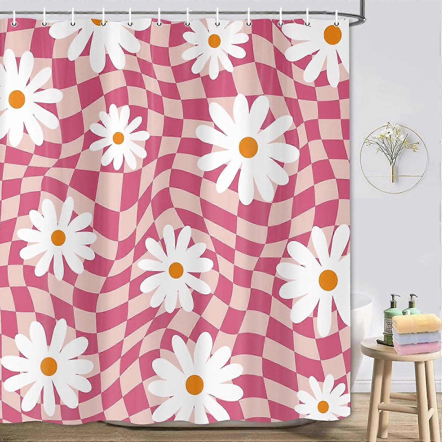 الرجعية الوردي 70S دش الستارة ، الملونة متقلب جمالية Aabstract دش الستائر للحمام ، خمر رائع زهر الأقحوان الزهور ستارة الاستحمام, 