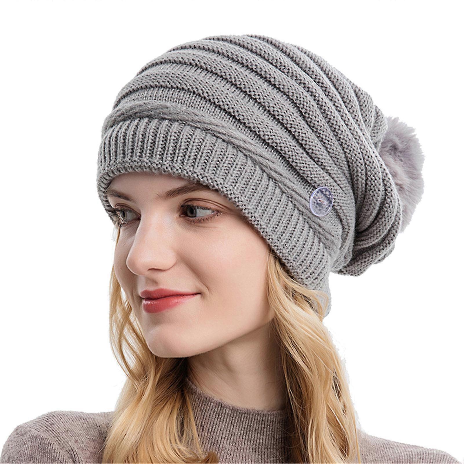 Women's Wool Hat with Side Button and Pompom Breathable Elastic Hat Winter Warm