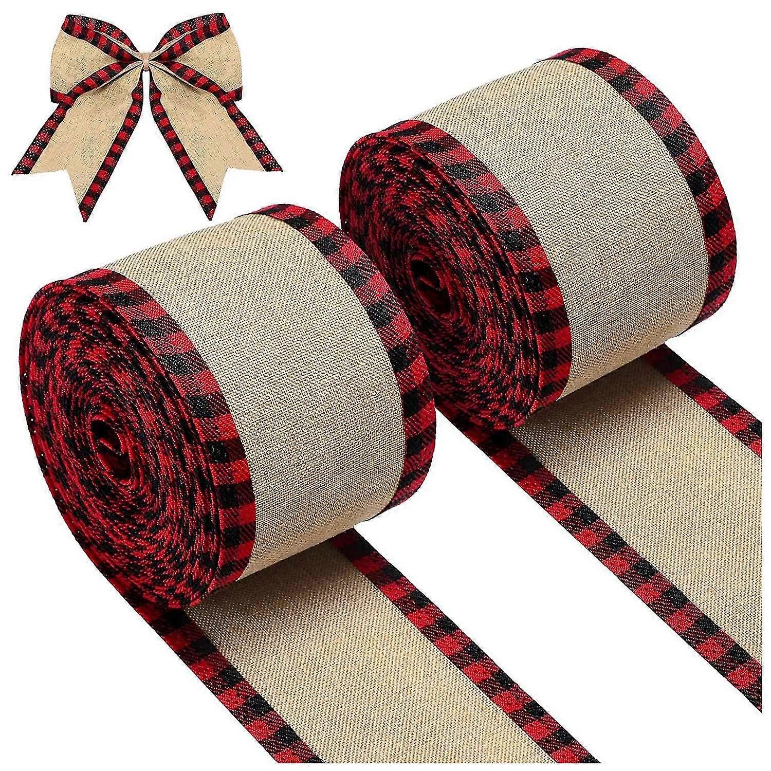 Plaid Wired Edge Ribbons Christmas Burlap Fabric Craft Ribbon Wrapping Ribbon With Checkered Edge R