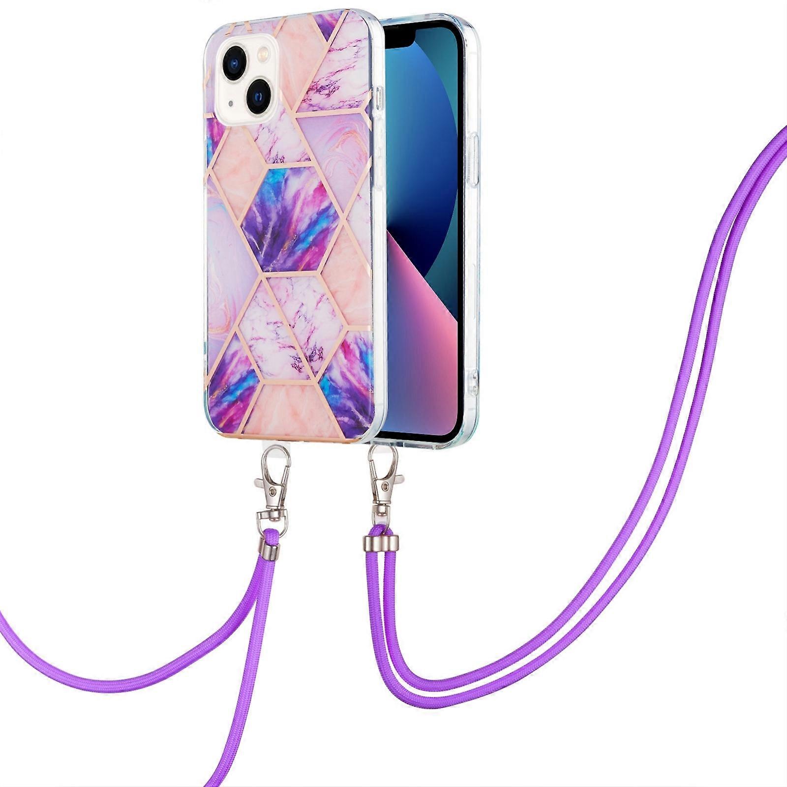 For iPhone 14 Plus Electroplating Splicing Marble Pattern Dual-side IMD TPU Shockproof Case with Neck Lanyard