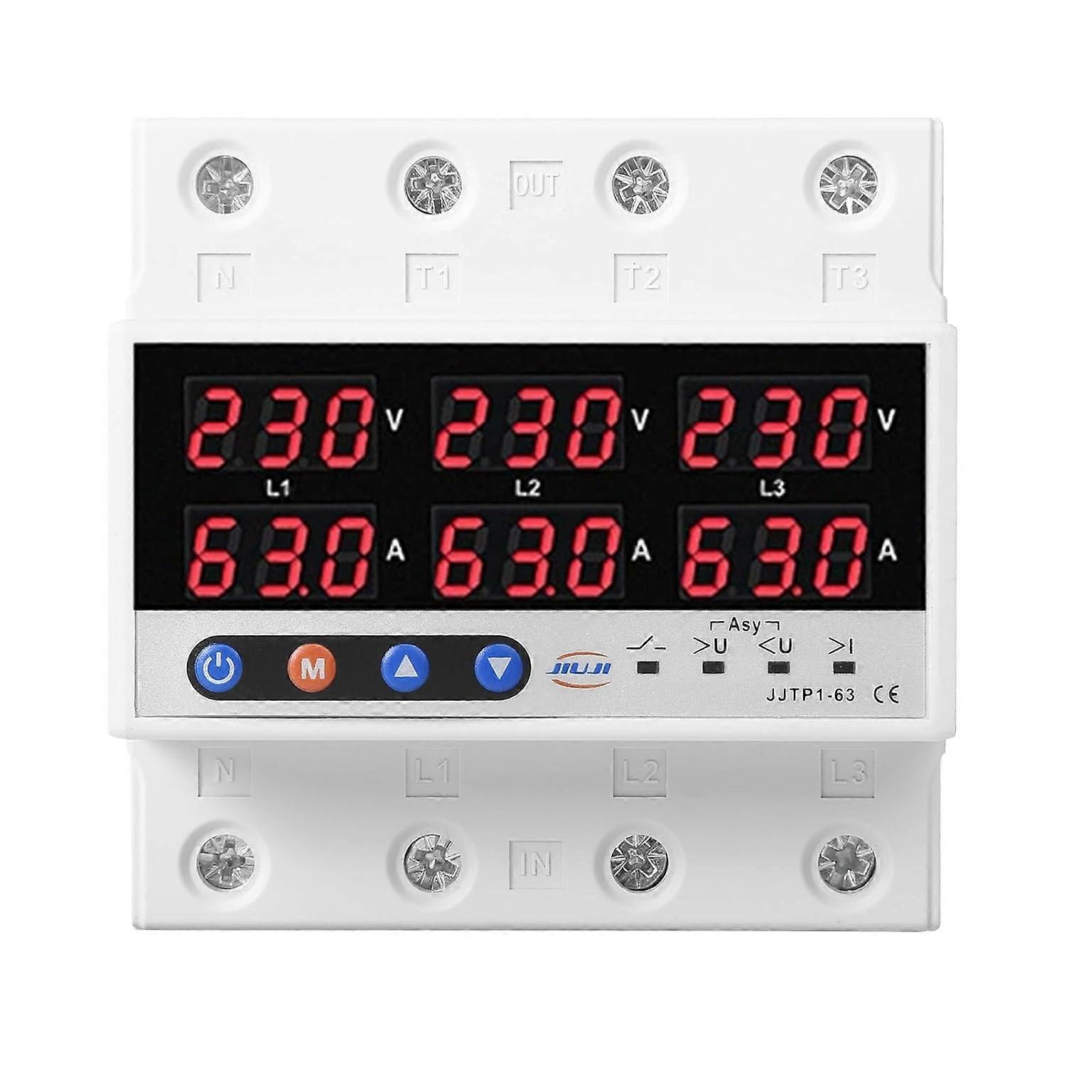 Voltage Current Protector, Adjustable Three Phase Over/Under Voltage Protective Device, AC230V DIN Rail Surge Protector Recovery (Size : 63A)