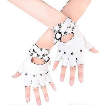 Women's Pu Leather Punk Gloves (white) Studded Strap Or Buckle Half Finger Performance Gloves-ZZY