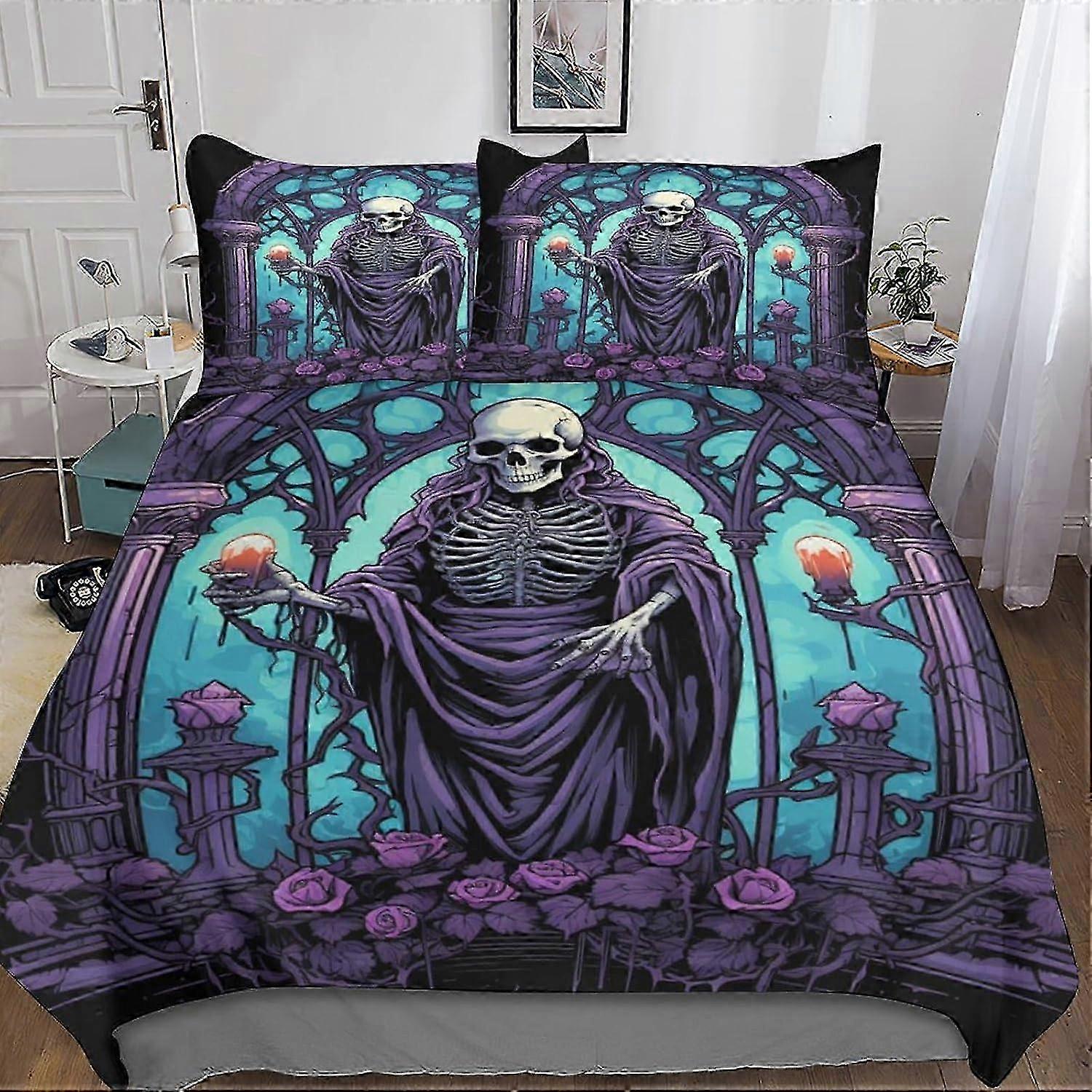 J1192 Lençóis Preto Crânio Impressão 3D Capa de Edredão de Cama Microfibra 3 Peças Capa com Fecho de Zíper Oculto Capa de Fechamento para Crianças Meninos Meninas Gothi