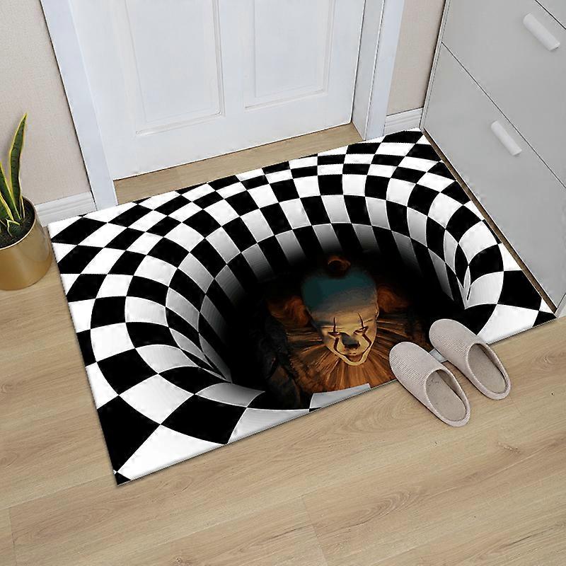 3D Round Carpet, Halloween Illusion Clown Carpet Pattern Black and White Tile Swirl Carpet Living Room Non-Slip Carpet Halloween Living Room Restauran