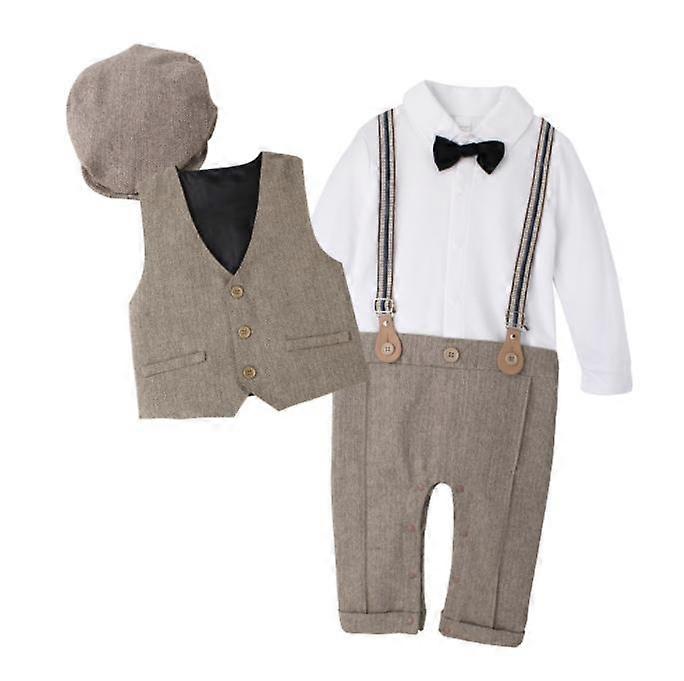 Baby Boy Suit Outfits Set 3pcs,Infant Tuxedo Long Sleeve Gentleman Wedding Jumpsuit & Vest Coat & Beret Hat