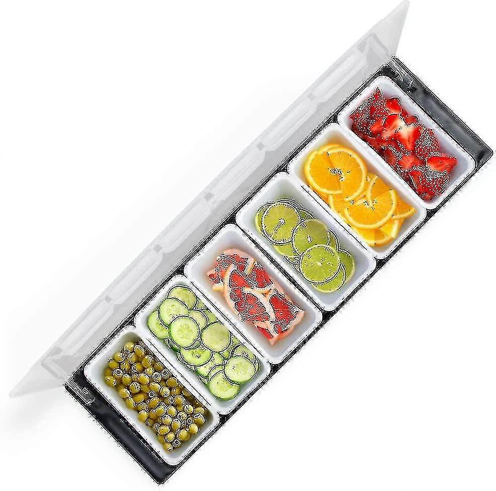 Bar Top Food & Condiment Dispenser - 6 Tray Plastic Garnish Station With Lid For Bartending & Serving Taco, Ice Cream, Fruit, Salad Bar - Topping Orga