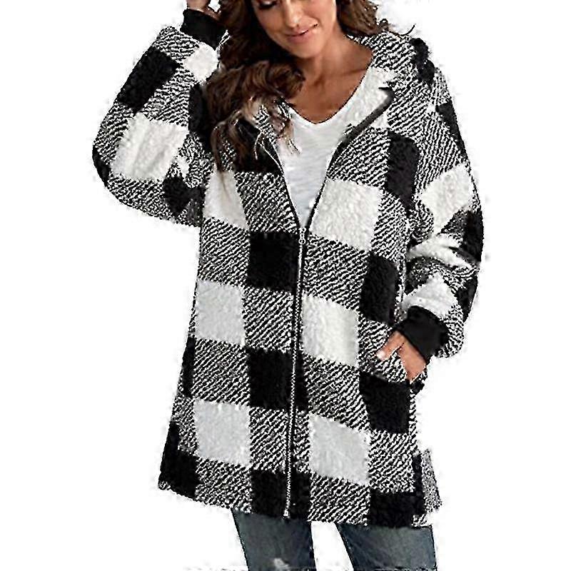 Damesjas met lange mouwen Mode geruite pluche Comfortabele top met capuchon met ritssluiting en zakken Losse casual jas