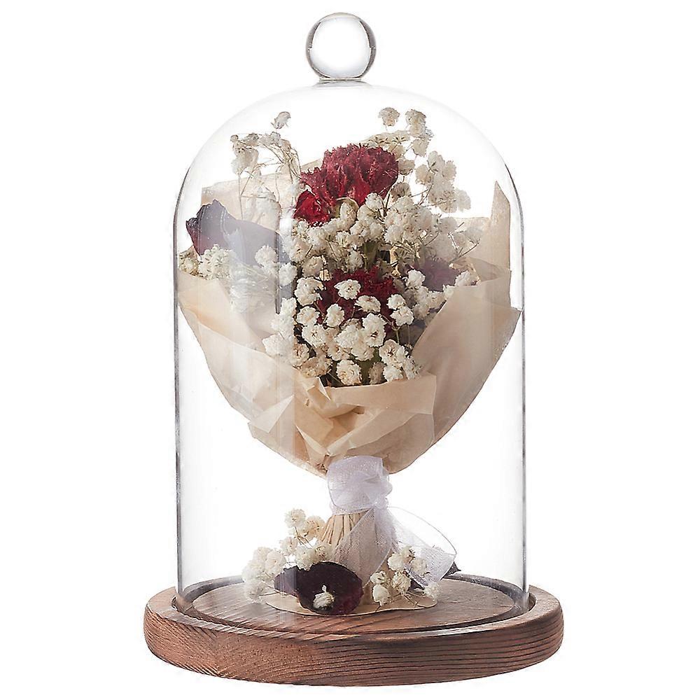 Glass Dome Cover Decorative Display Case Cloche Bell Jar Terrarium with Wood Base Coconut Brown 143x193mm Inner Diameter: 115mm
