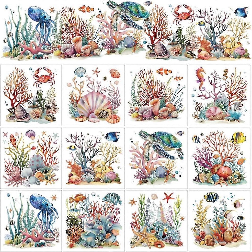 12 Sheets Underwater Animals Rub on Transfers for Crafts Ocean Rub on Transfer Stickers Coral Shells Starfish Turtle Rub on Decal Stickers for Wood Pa