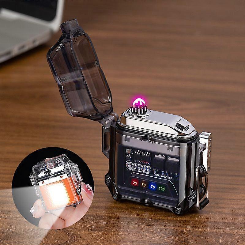 New Mecha Transparent Charging Double Fire Arc Lighter Outdoor Windproof Waterproof With Led Lighting Cigarette