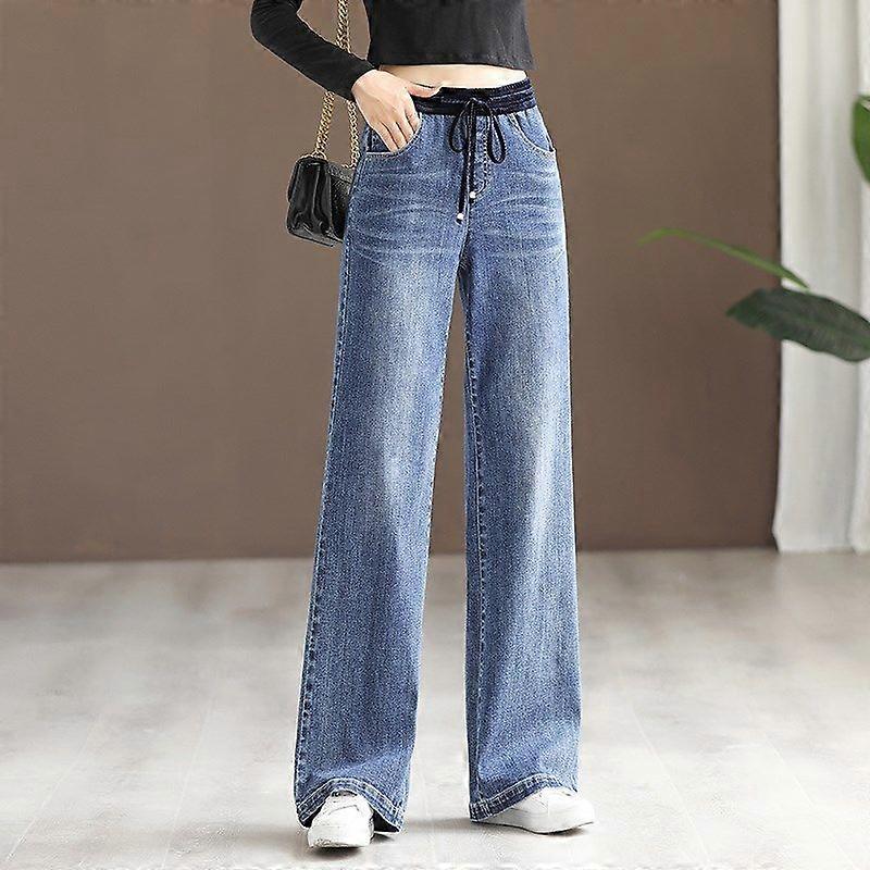 Women's Spring and Summer Elastic Waist Wide-leg Jeans High Waist Loose Casual Straight Pants