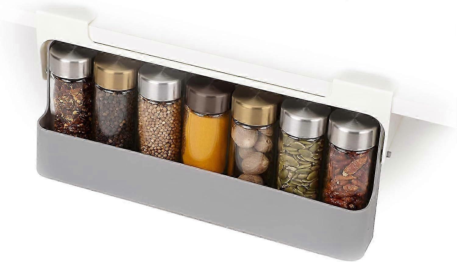 Kitchen storage under shelf spice rack in cupboard, storage rack gray