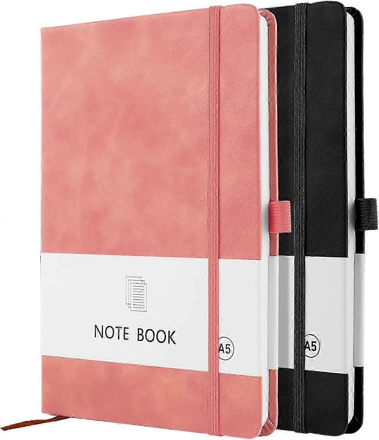 A5 Notebook, 2 Pack Notebook A5 200 Pages 100 GSM Journal Notebook Hardback Notepad with Bookmark, Pen Loop, and Elastic Closure (Black+Pink)
