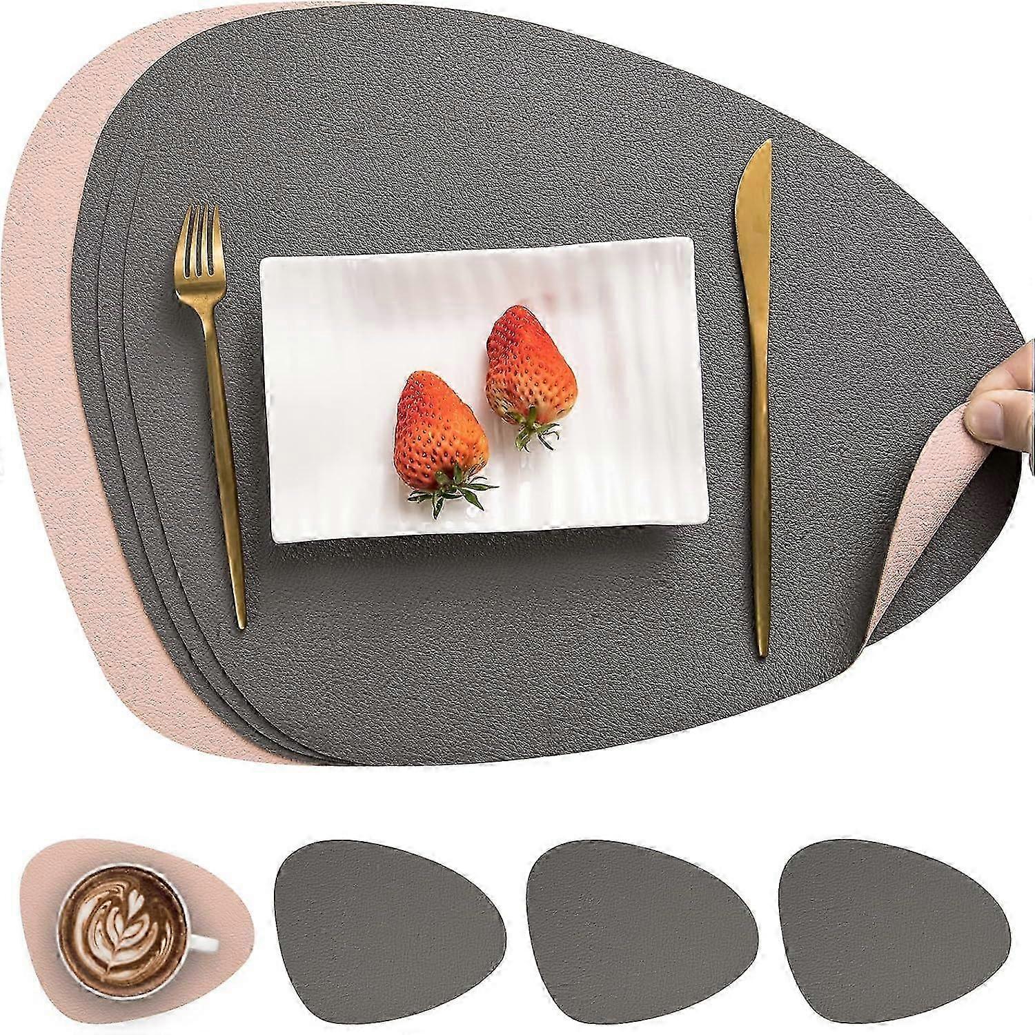 Washable Round PU Leather Placemats & Coasters Set, Double-Sided Non-Slip 4pc Table Decor