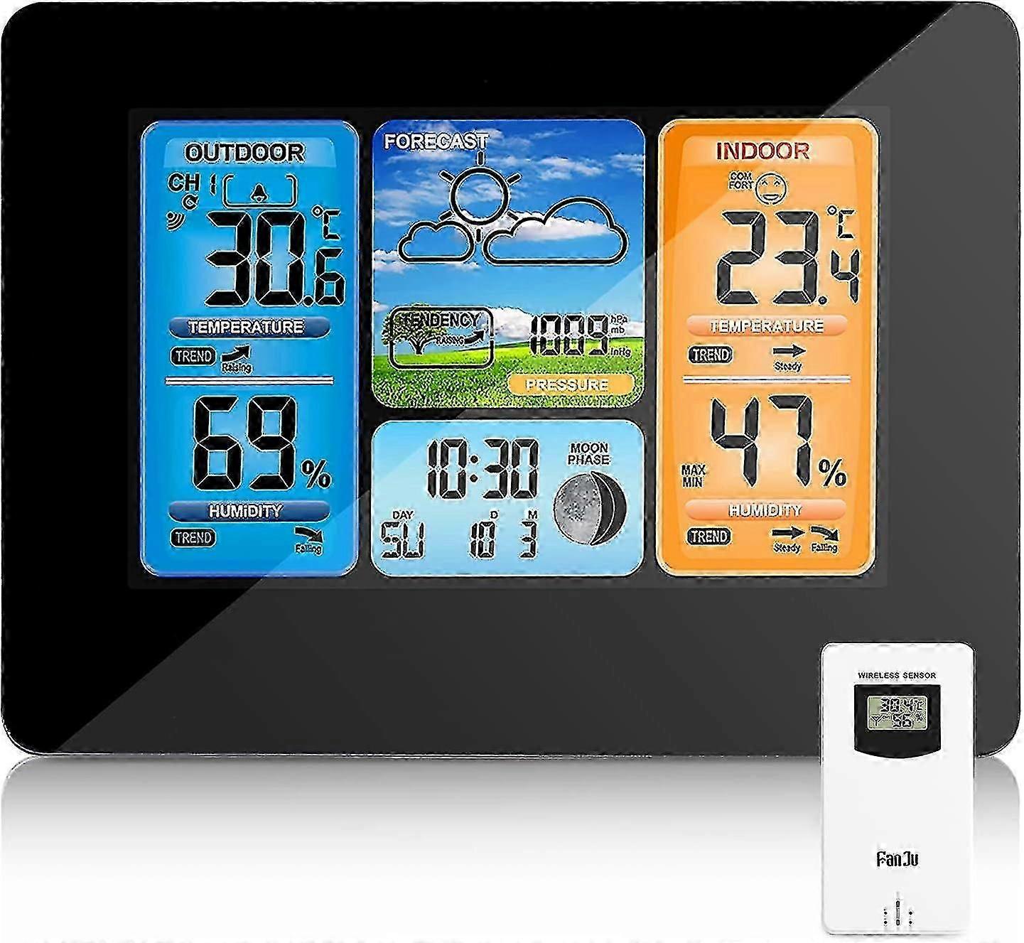 Wireless Weather Station, Digital Color Forecast Weather Station With Alarm And Temperature/humidity/barometer/alarm/moon Clock/weather With Outdoor S