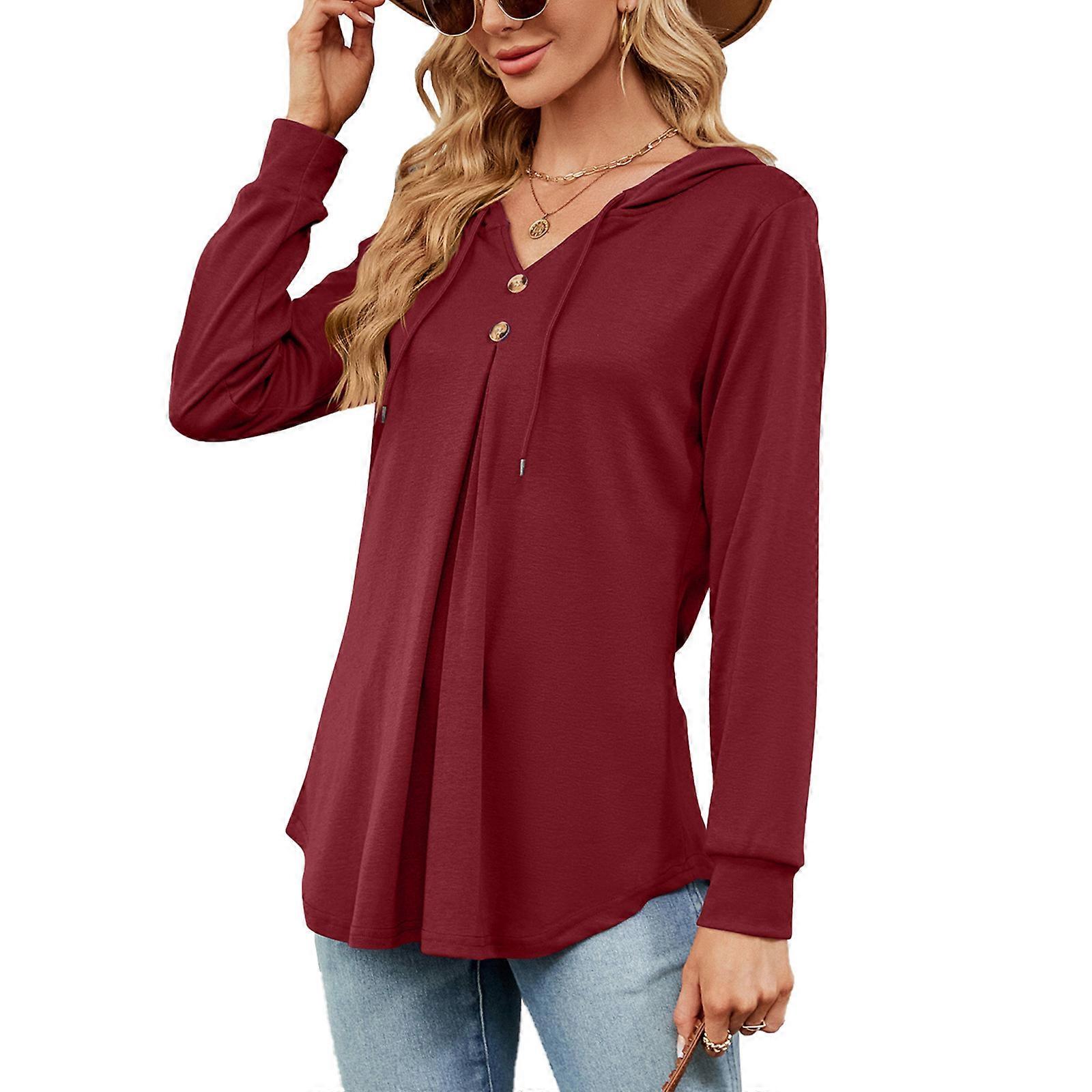 Comfortable Women's Long Sleeve Blouses with V Neck and Loose Fit Tops with Drawstring Button Down Hoodies Burgundy XL
