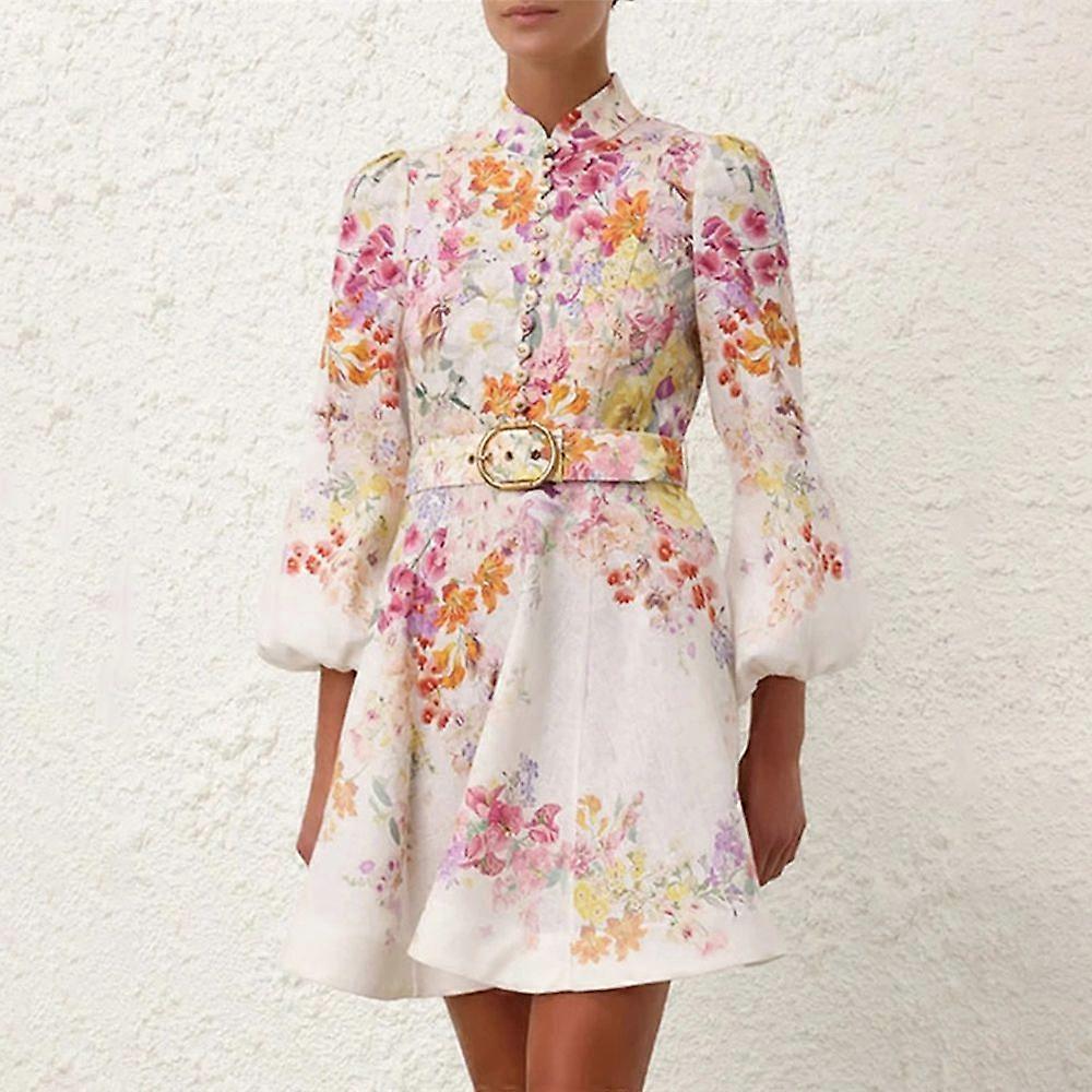 Zim Style Natura פרחוני מכופתר חגורה מודפס פשתן שמלת מיני