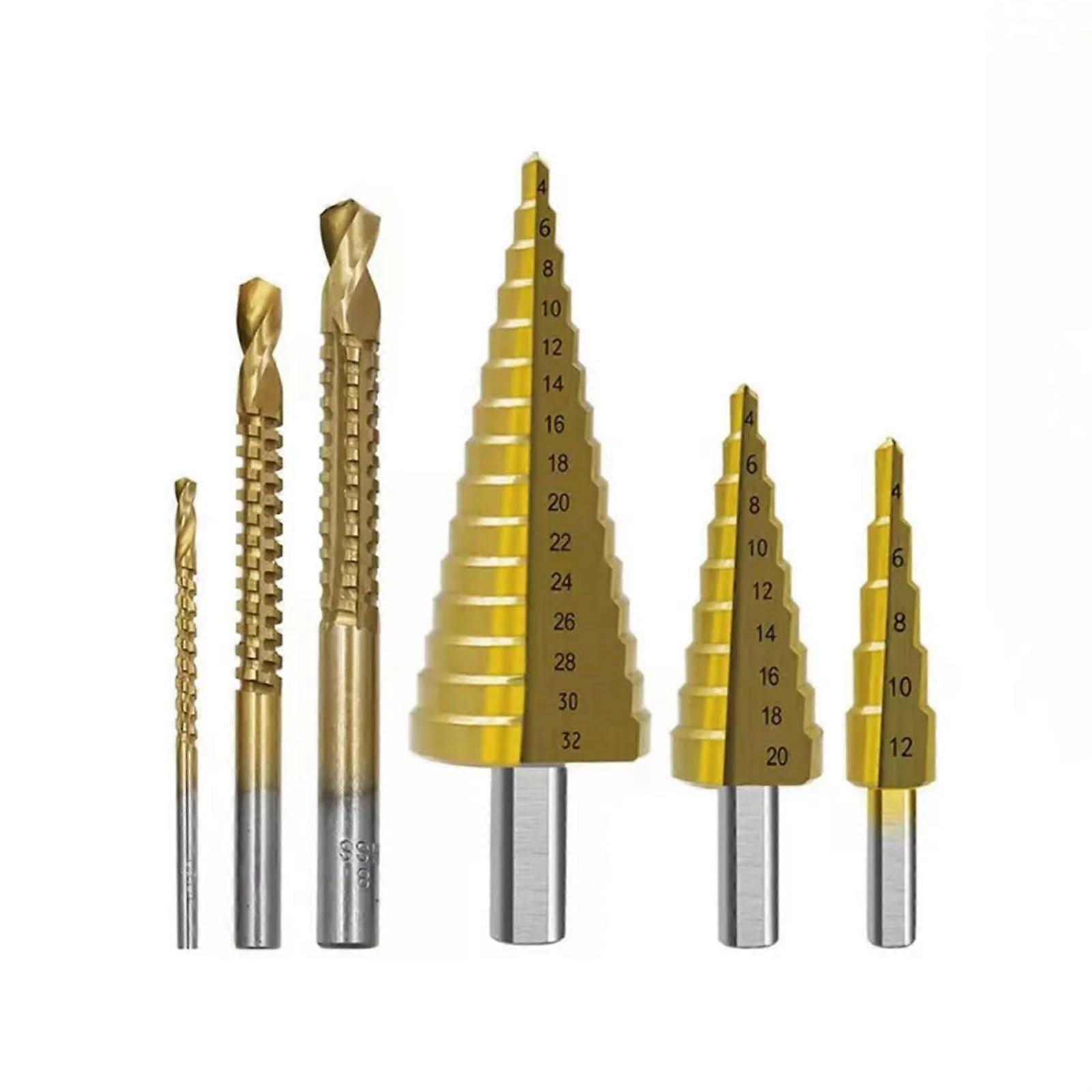 HSS Step Drill Bit 6-Piece Set Titanium Coated Straight Groove Cone Hole Cutter Automatic Center Punch Spiral Twist Bits