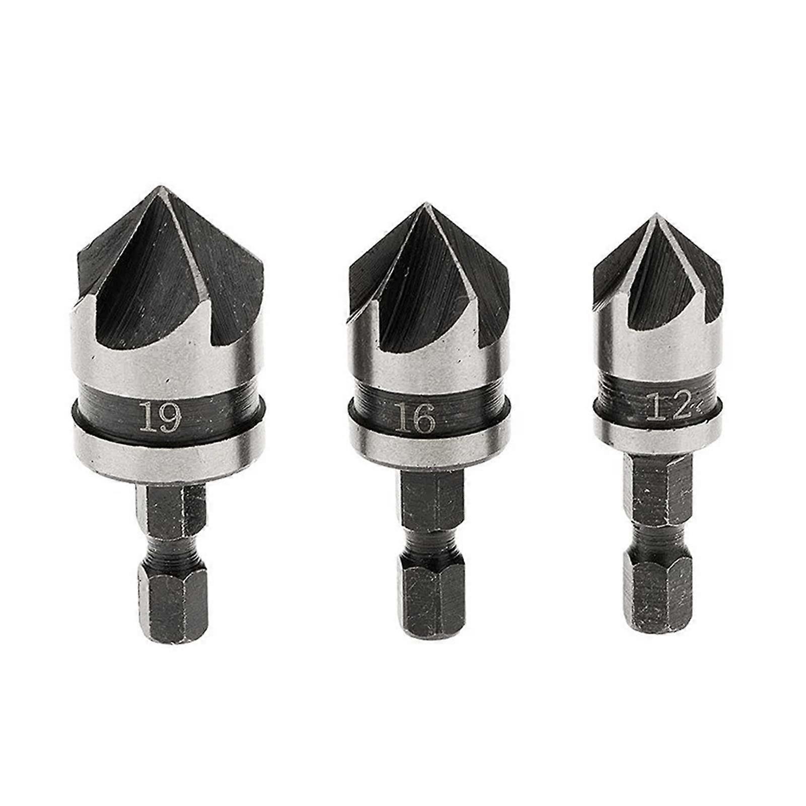 3 Pieces 5 Flute 90 Degree Chamfering Countersink Drill Bit Set with 1/4 Inch Hex Shank for Wood and Metal Applications