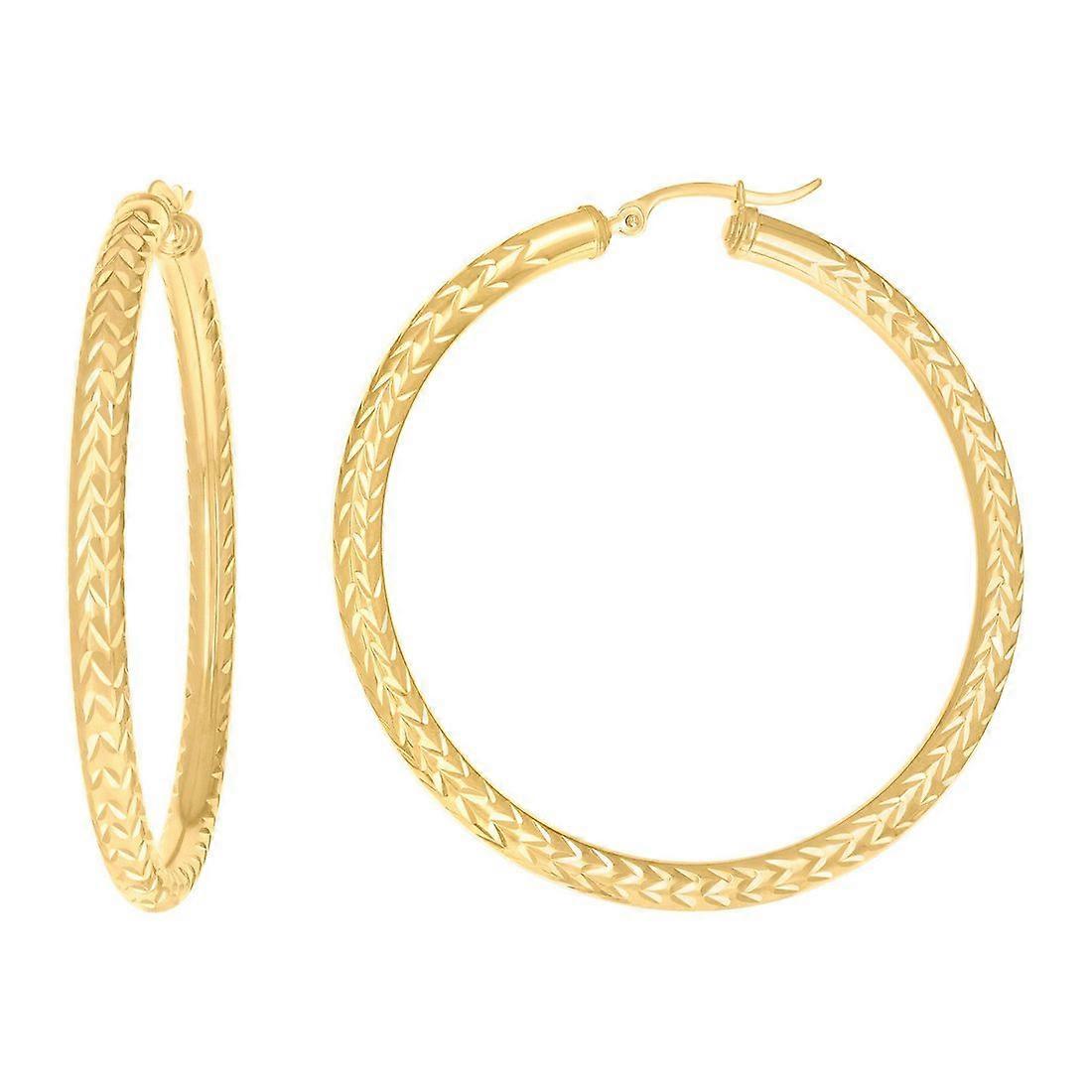 10Kイエローゴールドレディーススパークルカットラウンドチューブパターンフープイヤリング女性用57x4mmワイドフープイヤリング