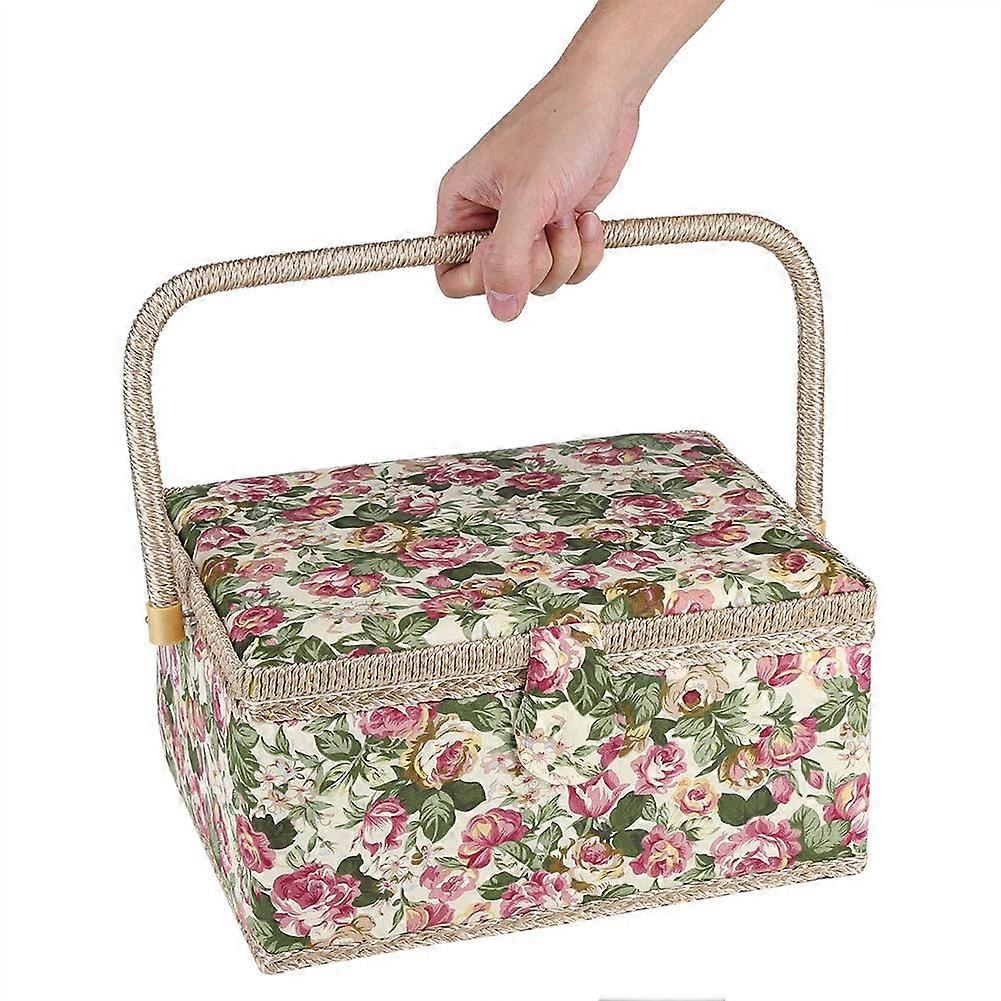 Sewing Basket with Floral Print Design, Storage Box with Removable Tray