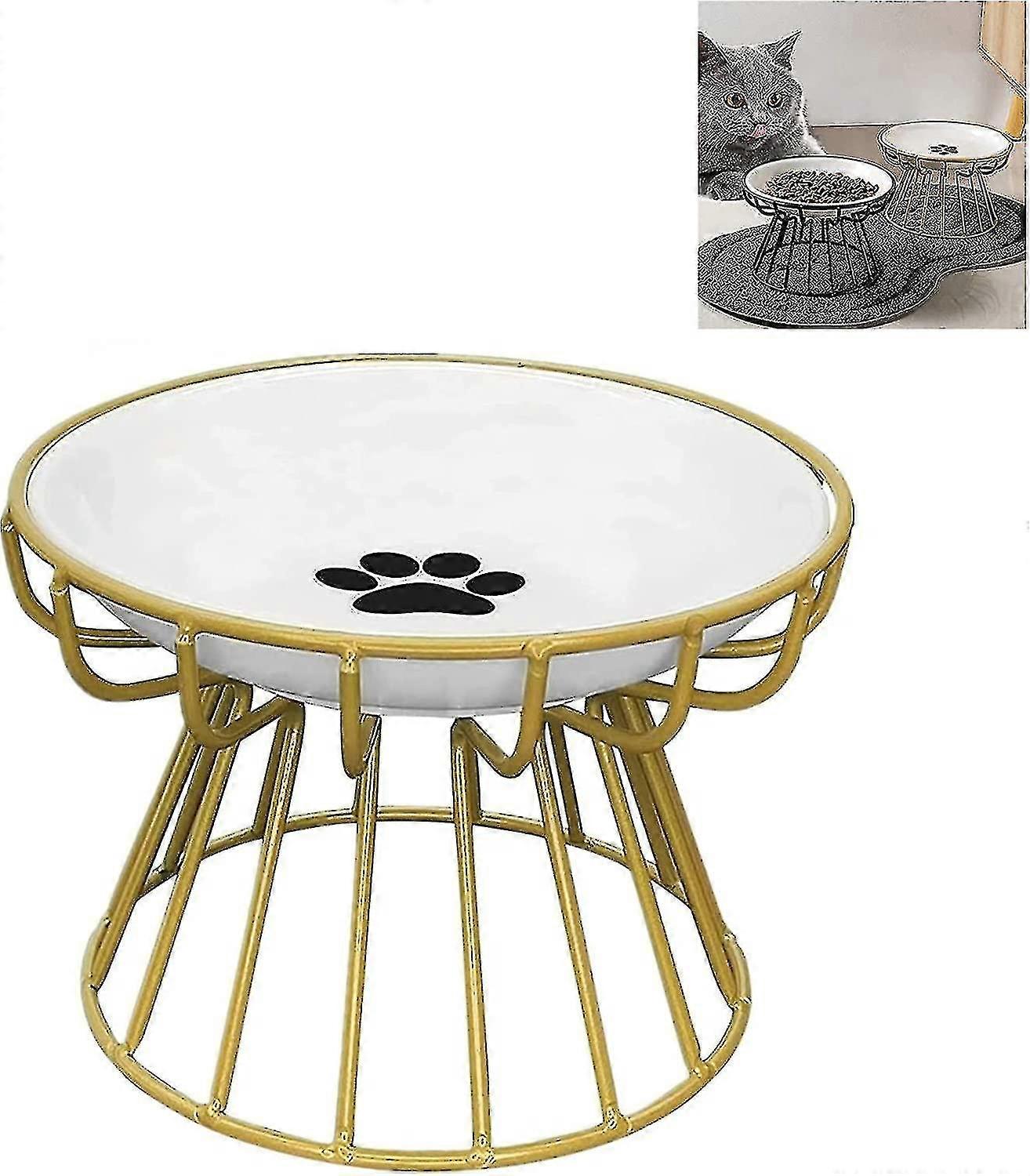 金属製のスタンド付き高架嘔吐防止キャットボウル、食品と水用のセラミック皿 - ゴールドポー