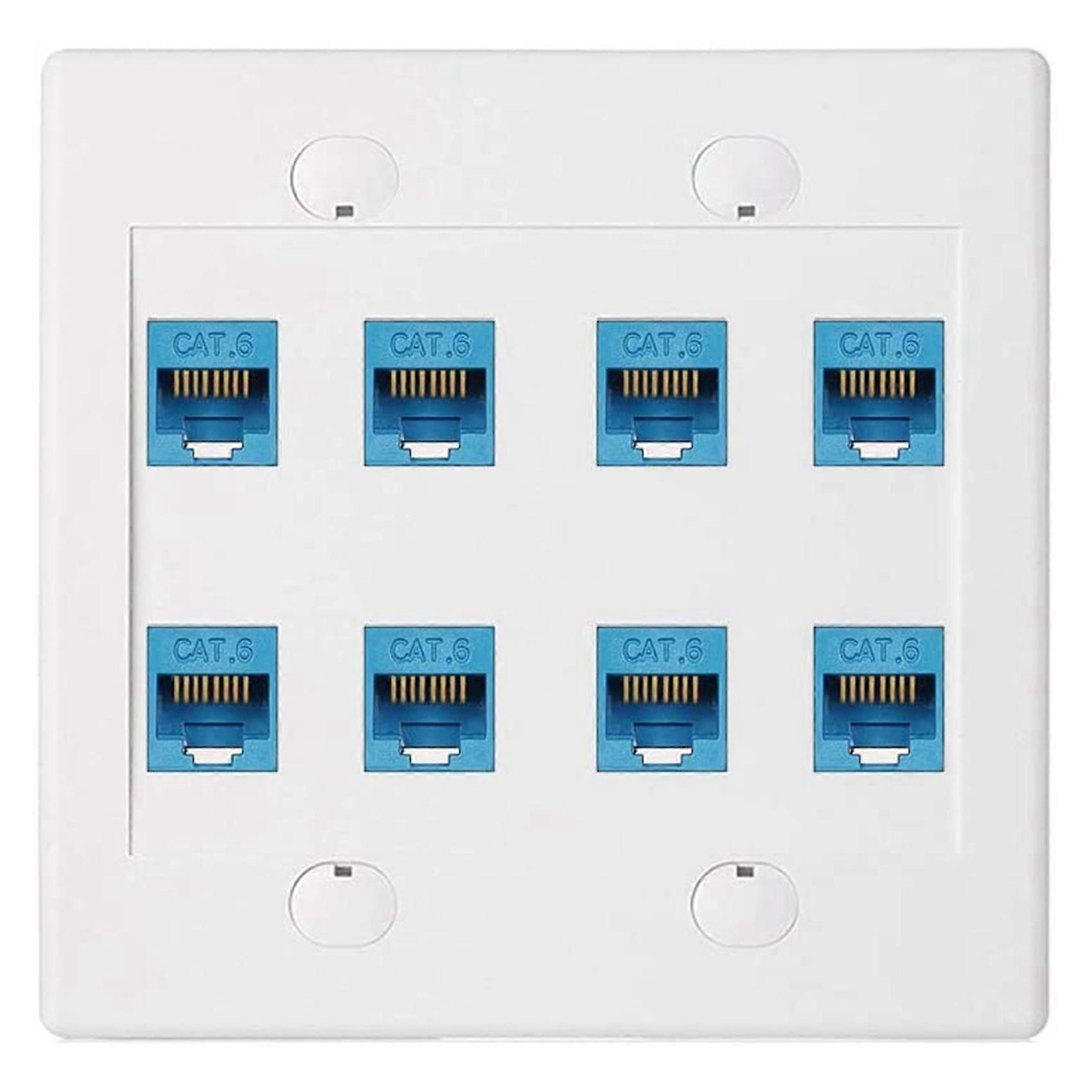 Ethernet Wall Plate 8 Port - Double Gang Cat6 RJ45 Keystone Jack Blue