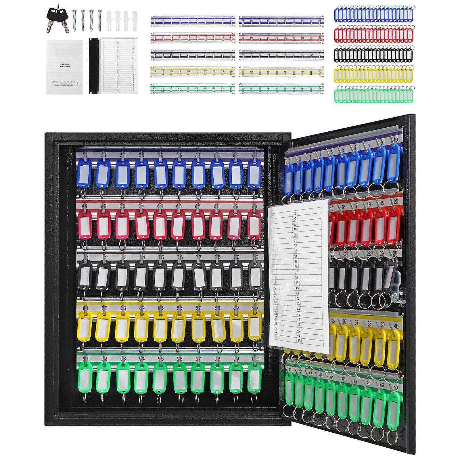 100-Key Cabinet, Key Lock Box with Adjustable Racks, Security Key Storage Box Steel, Key Organizer